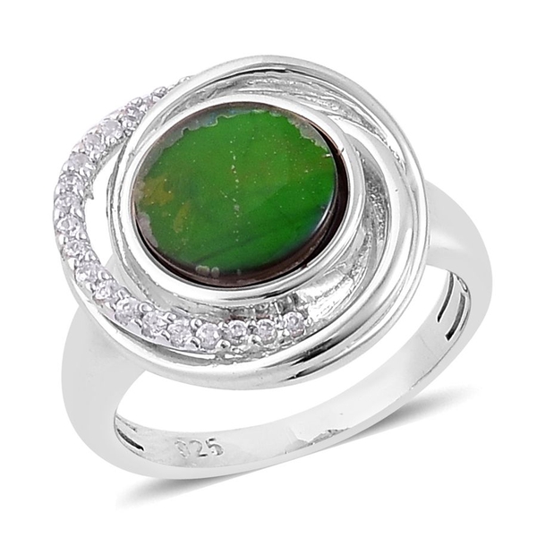 Canadian Ammolite (Rnd 2.50 Ct), White Zircon Ring in Platinum Overlay Sterling Silver 2.700 Ct.
