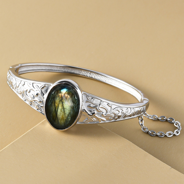 Malagasy Labradorite Bangle (Size 7.5) in Stainless Steel 25.21 Ct.
