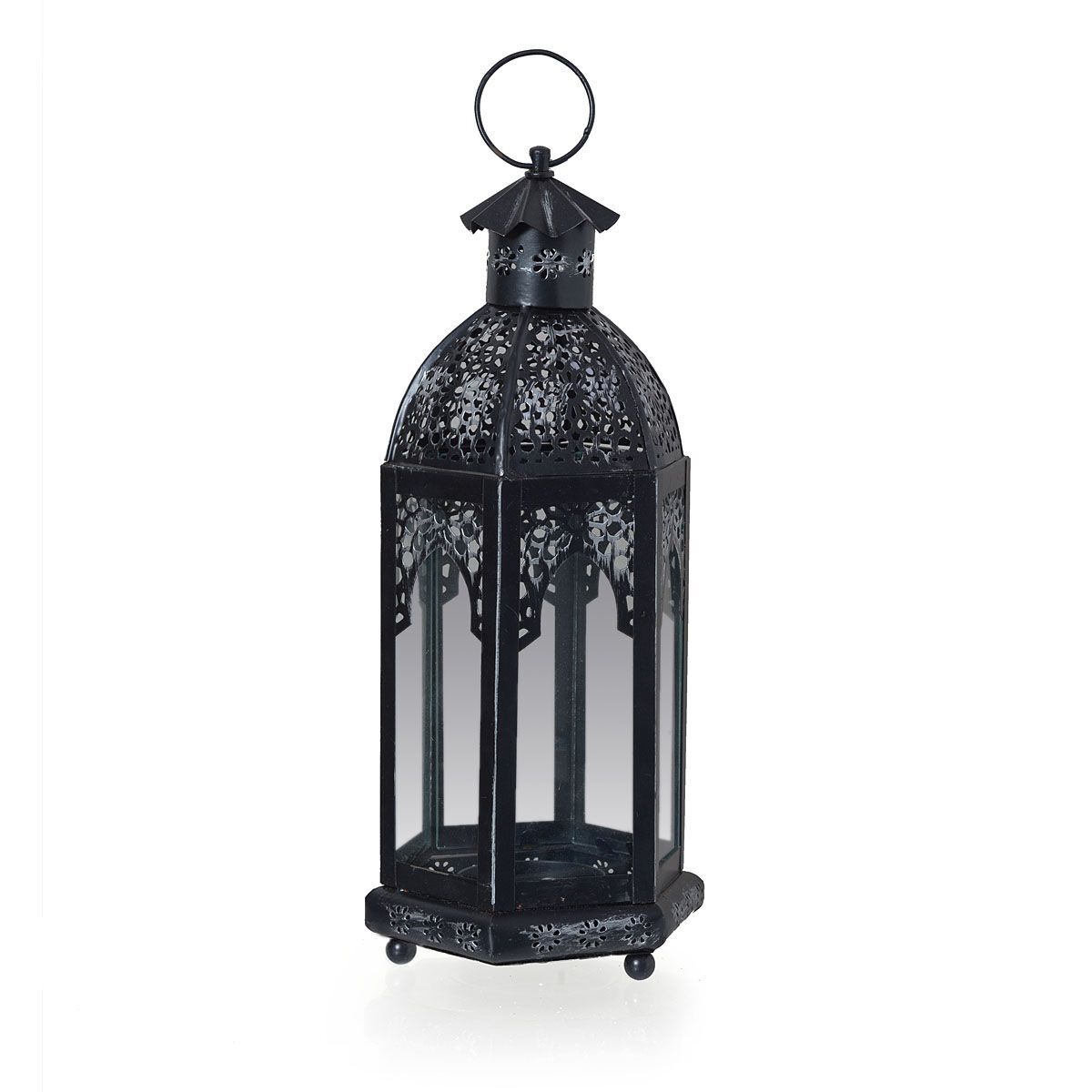 Cut Work Pattern Metal and Glass Lantern (Black)