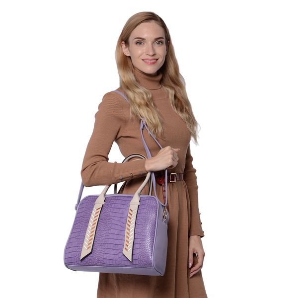 Croc Pattern Tote Bag with Detachable Shoulder Strap and Zipper Closure (Size 32x13x28cm) - Purple