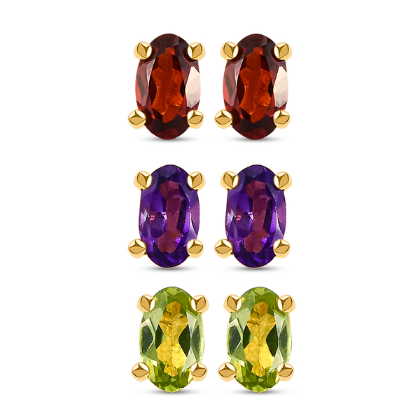 Set of 3 - Mozambique Garnet, Hebei Peridot and Amethyst Stud Earrings (with Push Back) in 14K Gold 