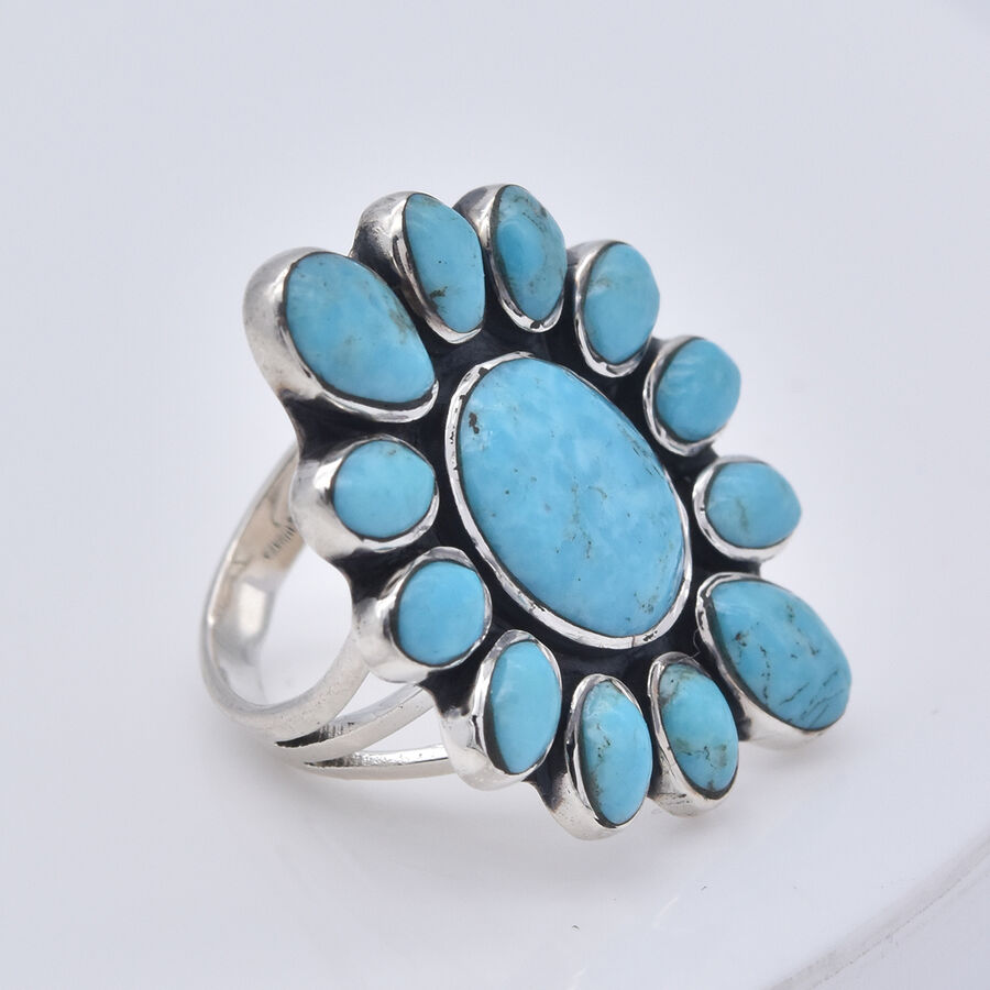 Santa Fe 6 Ct. Turquoise Floral Ring in Rhodium Plated Sterling Silver