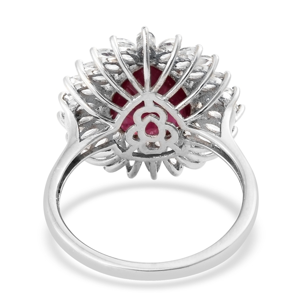 African Ruby (Pear 5.15 Ct), White Topaz Ring in Platinum Overlay Sterling Silver 7.500 Ct.