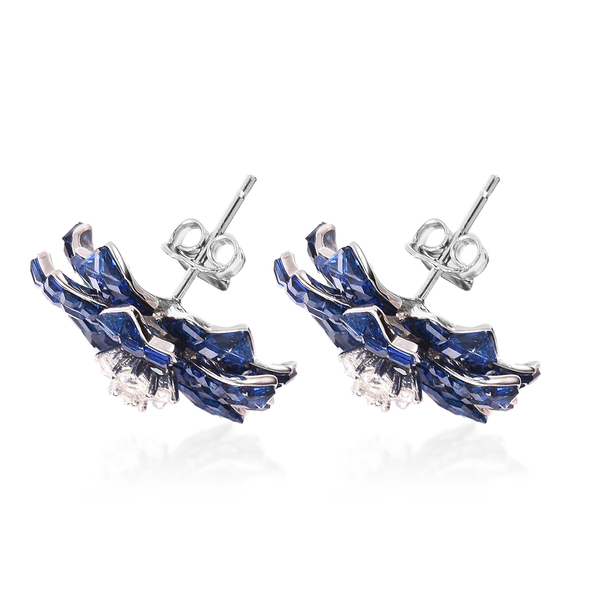 Lustro Stella - Simulated Blue Sapphire and Simulated Diamond Floral Stud Earrings (with Push Back) in Rhodium Overlay Sterling Silver, Silver wt. 6.00 gms