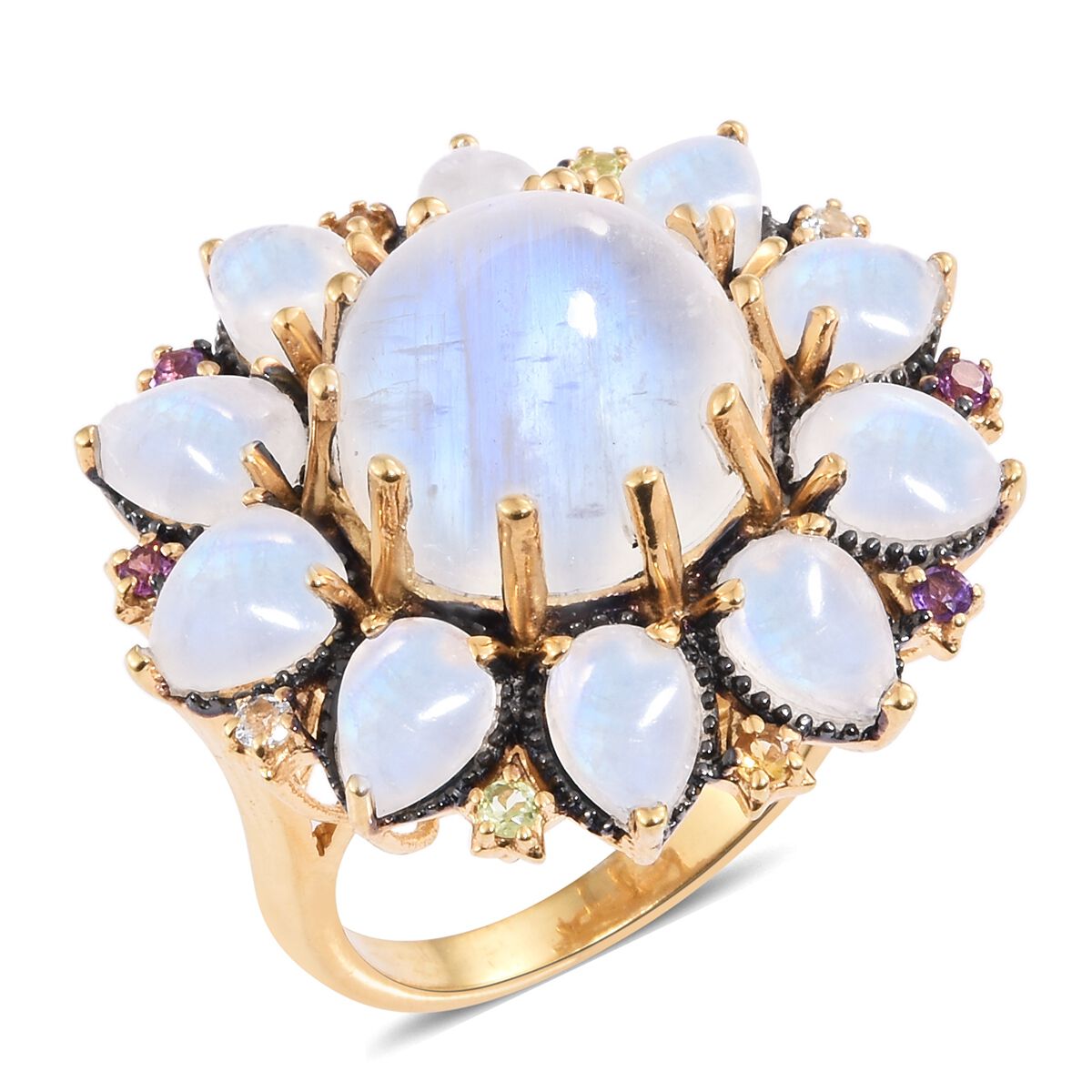 Sri Lankan Rainbow Moonstone (Rnd 10.40 Ct), Amethyst, Rhodolite Garnet and Multi Gemstone Floral Ri