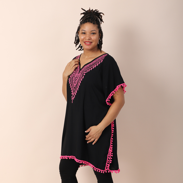TAMSY 100% Viscose Kaftan (Size 75x57x85 Cm) - Black Shell with Pink Embroidery