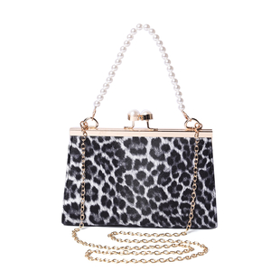 Boutique Inspired- Leopard Pattern Clutch Closure Crossbody Bag with Dangling Pearl Chain and Metall