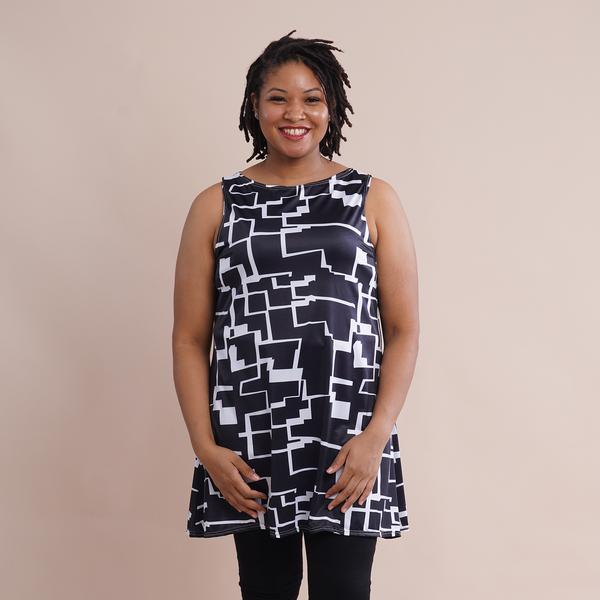 JOVIE Abstract Pattern Sleeveless A-Line Women Tunic (Size:XXL/XXXL 22-26, 90x65Cm) - Black and White