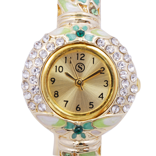 STRADA Japanese Movement Golden Sunshine Dial White and Green Austrian Crystal Studded Water Resistant Bangle Watch in Floral Pattern Strap