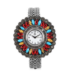 STRADA Japanese Movement White Dial Grey Crystal & Simulated Multi Gemstones Studded Water Resistant Bangle Watch in Silver Tone