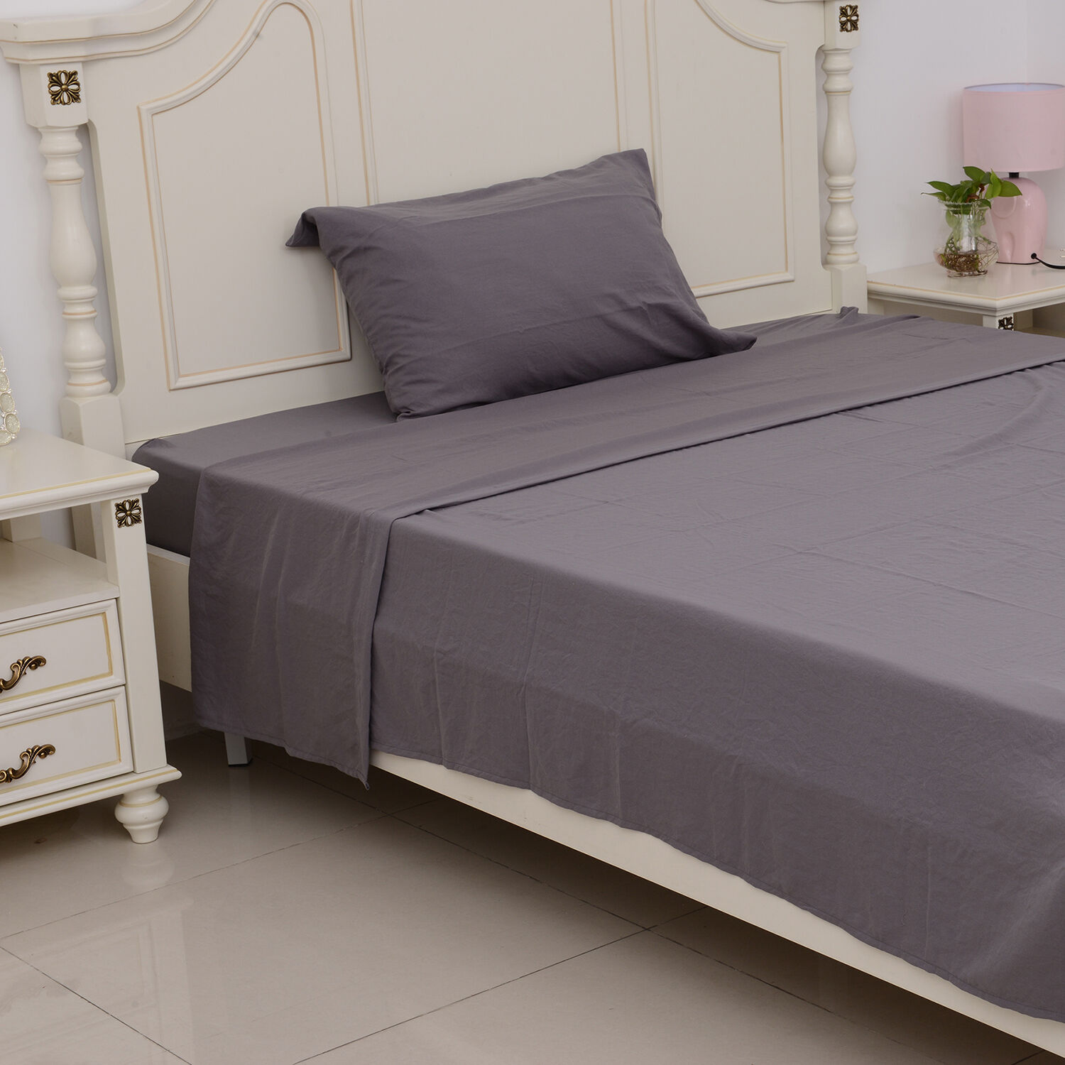 Single Size Sheet Set of 3- Extremely Soft Stone Washed Grey Colour Fitted Sheet (190x90x30 Cm), Flat Sheet (260x180+5 Cm) and Pillow Case (75x50+5 Cm)