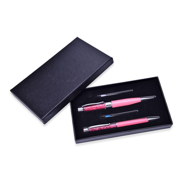 Set of 2 - Pink Crystals filled Pink Colour Pen (Black Ink), 1 Pen with 16GB USB and 2 Extra Refills (Blue Ink) in a Box