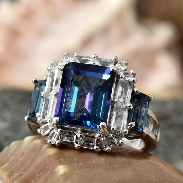 Mystic Neptune Topaz (Oct 4.00 Ct), White Topaz and London Blue Topaz Ring in Platinum Overlay Sterling Silver 6.750 Ct.