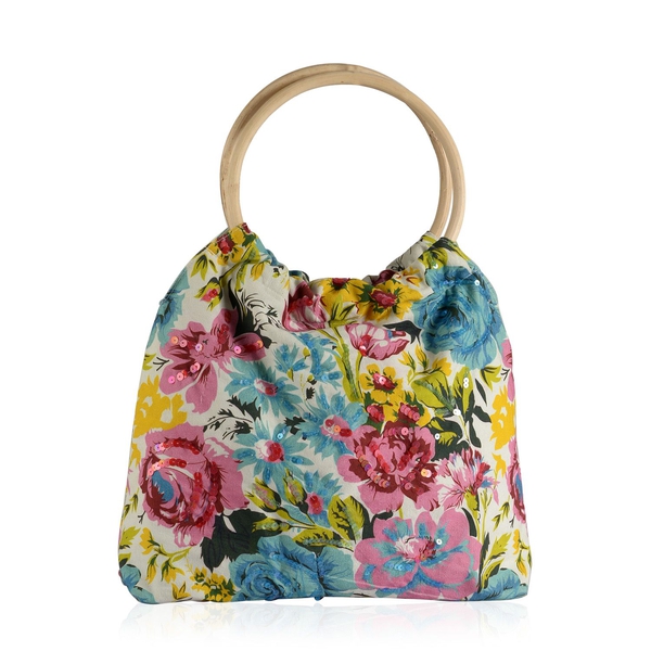 Sicily Yellow and Multi Colour Floral Pattern White Colour Handbag with Sequins (Size 38x30x9 Cm)