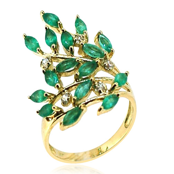 9K Y Gold AAA Kagem Zambian Emerald (Mrq), Natural Cambodian White Zircon Ring 2.500 Ct.