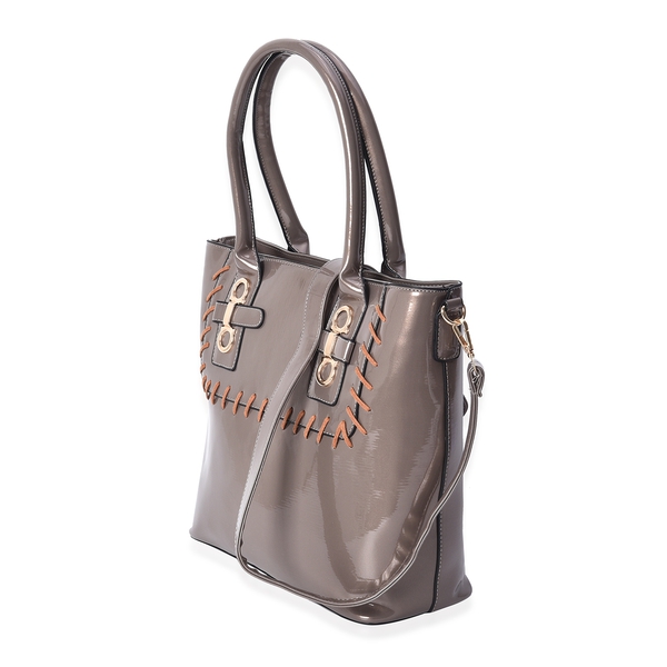 Silver Colour Tote Bag with Detachable Shoulder Strap and External Zipper Pocket (Size 39x29.5x13 Cm)