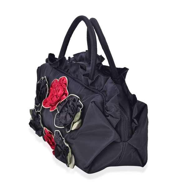 3D Flowers and Ruffle Embellished Black and Red Colour Tote Bag (Size 30X17.5X13 Cm)