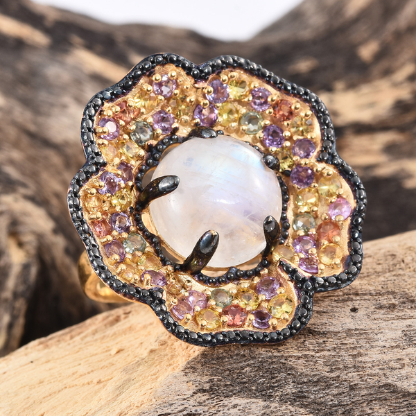 Sri Lankan Rainbow Moonstone (Rnd 10.50 Ct), Rainbow Sapphire Floral Ring in 14K Gold and Black Rhodium Overlay Sterling Silver 14.750 Ct. Silver wt 13.96 Gms.
