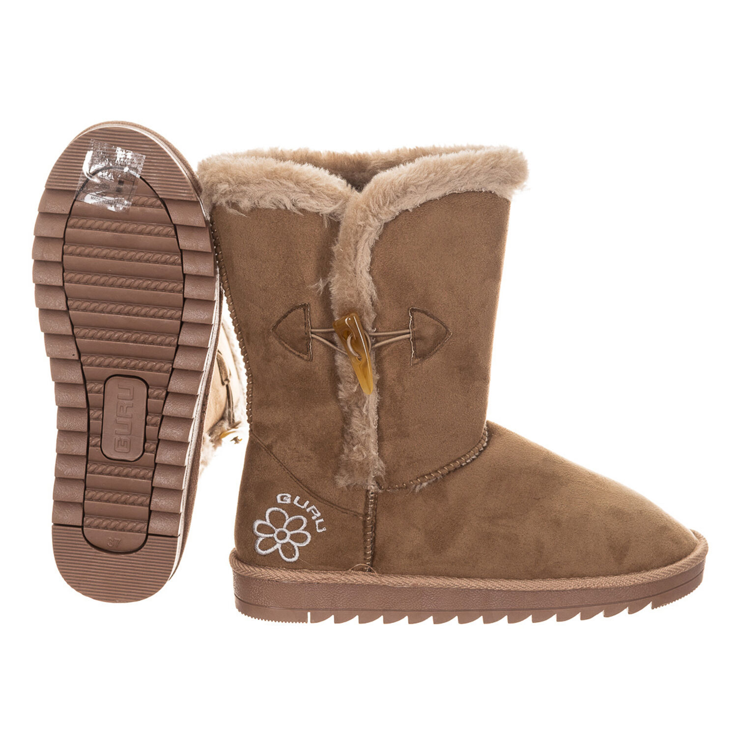 GURU Womens Winter Fluffy Ankle Boots with Button Closure (Size 3) - Brown