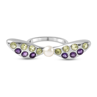 LucyQ Dragonfly Collection - Freshwater White Pearl, Hebei Peridot and Amethyst Ring in Rhodium Over