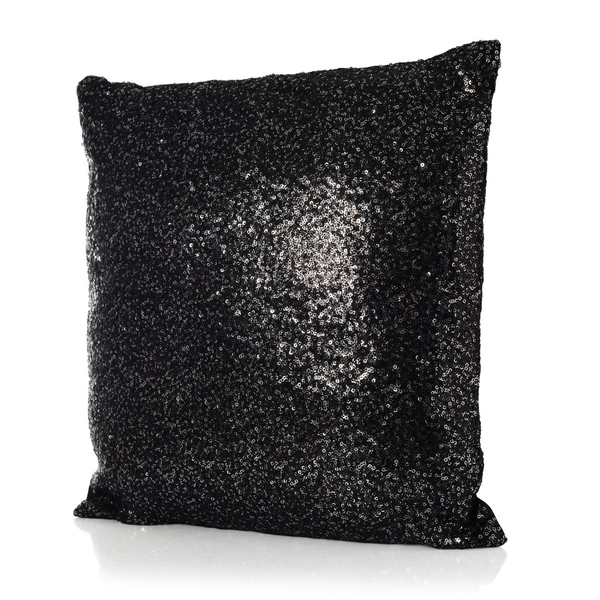 Black Colour Cushion with Silver Sequins (Size 42x42 Cm)