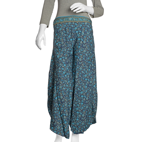 Blue, Aqua and Multi Colour Floral Printed High Waist Fold Over V Cut Palazzo Trouser (Free Size)