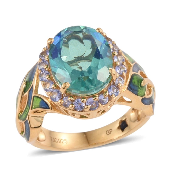 GP Peacock Quartz (Ovl 5.38 Ct), Tanzanite and Kanchanaburi Blue Sapphire Ring in 14K Gold Overlay S