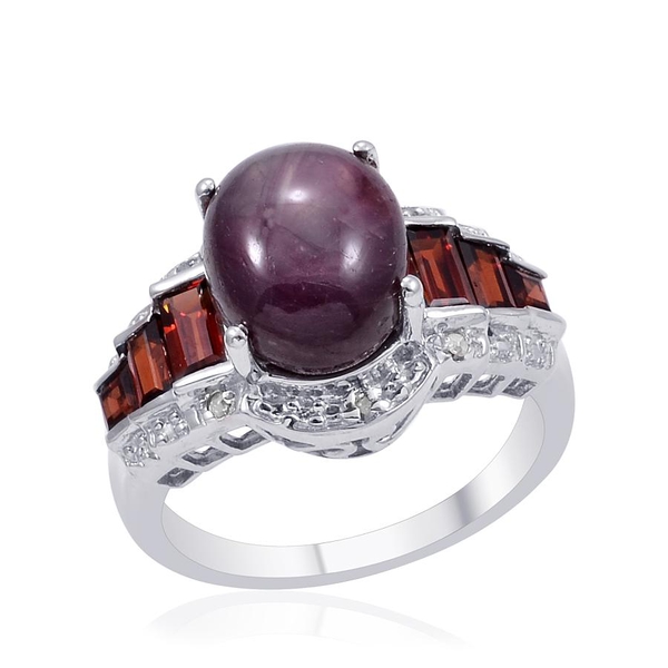 Star Ruby (Ovl 8.00 Ct), Mozambique Garnet and Diamond Ring in Platinum Overlay Sterling Silver 9.00