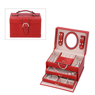 3 Layer Lizard Skin Pattern Jewellery Box with Inside Mirror and Button Lock (Size 22x16x14cm) - Red