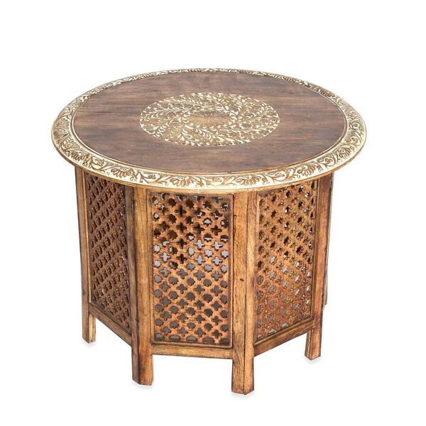 NAKKASHI Hand Carved Solid Mango Wood Round Table in Natural Finish