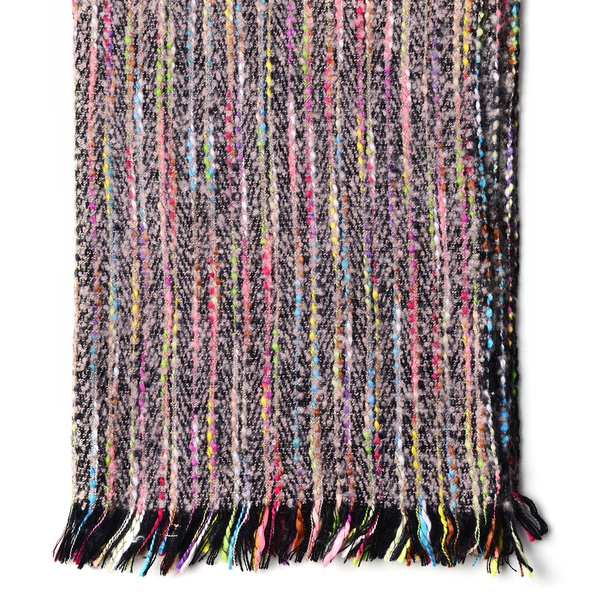 Designer Inspired-Grey and Multi Colour Stripes Pattern Scarf with Fringes (Size 200X65 Cm)