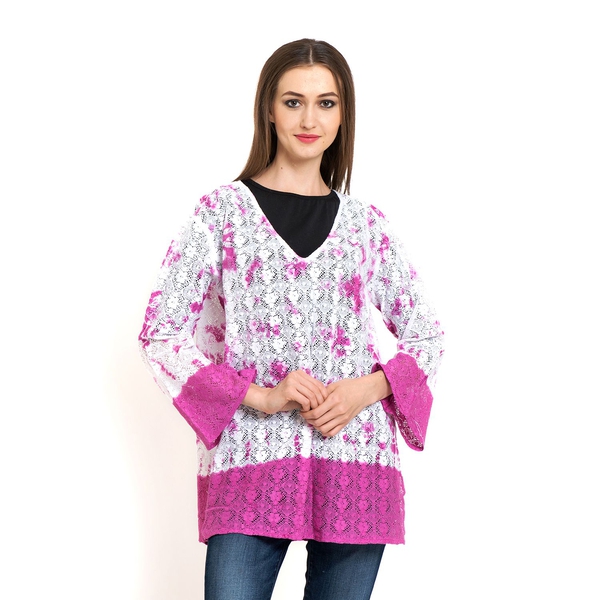100% Cotton Laser Cut Floral Pattern White and Pink Colour Ombre Effects Poncho (Size 70x50 Cm)