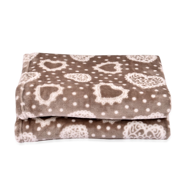 Superfine Microfibre Flannel Blanket Brown Colour with Hearts Design 150x200 cm