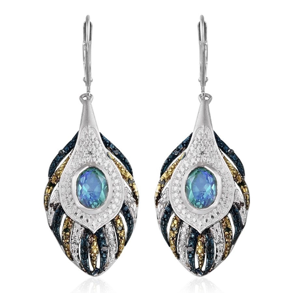 Peacock Quartz (Ovl), Blue and White Diamond Lever Back Earrings in Platinum Overlay Sterling Silver