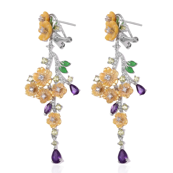 JARDIN COLLECTION - Yellow Mother of Pearl, Amethyst and Natural White Cambodian Zircon and Multi Gemstone Enameled Floral Earrings (with French Clip) in Rhodium Overlay Sterling Silver 9.88 Gms