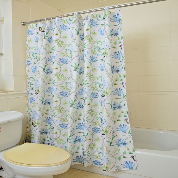 Cream, Green and Multi Colour Floral Pattern Water Proof Shower Curtain (Size 180X180 Cm) with 12 Pl