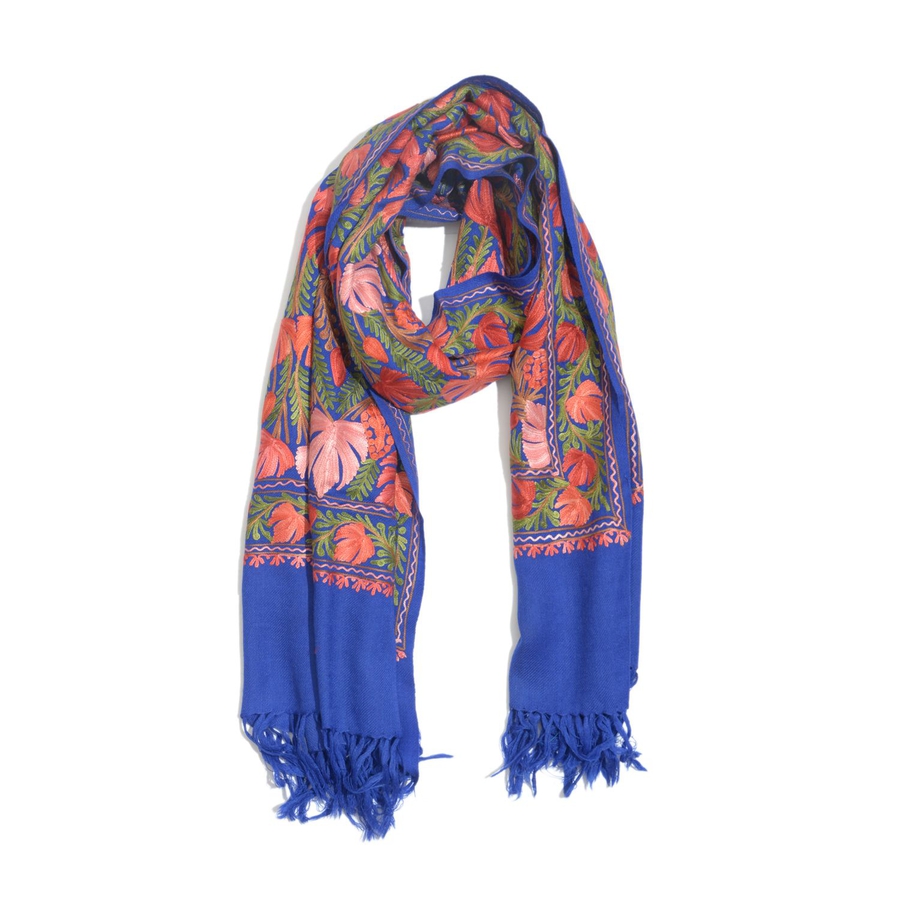 100% Fine Merino Wool Multi Colour Flowers and Leaves Embroidered Navy ...