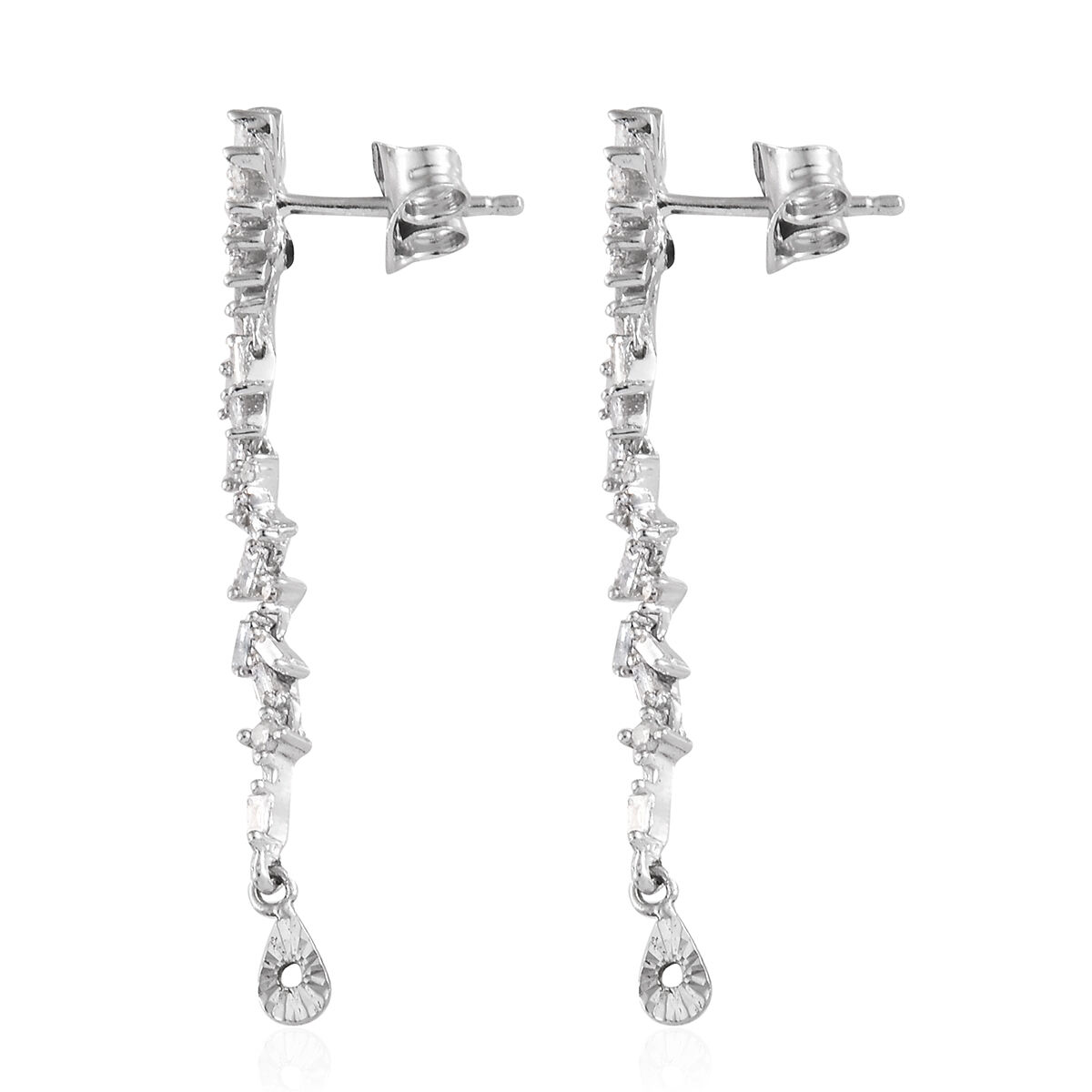 GP Diamond (Rnd and Bgt), Blue Sapphire Earrings (with Push Back) in Platinum Overlay Sterling Silver 0.540 Ct.