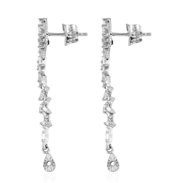 GP Diamond (Rnd and Bgt), Blue Sapphire Earrings (with Push Back) in Platinum Overlay Sterling Silver 0.540 Ct.
