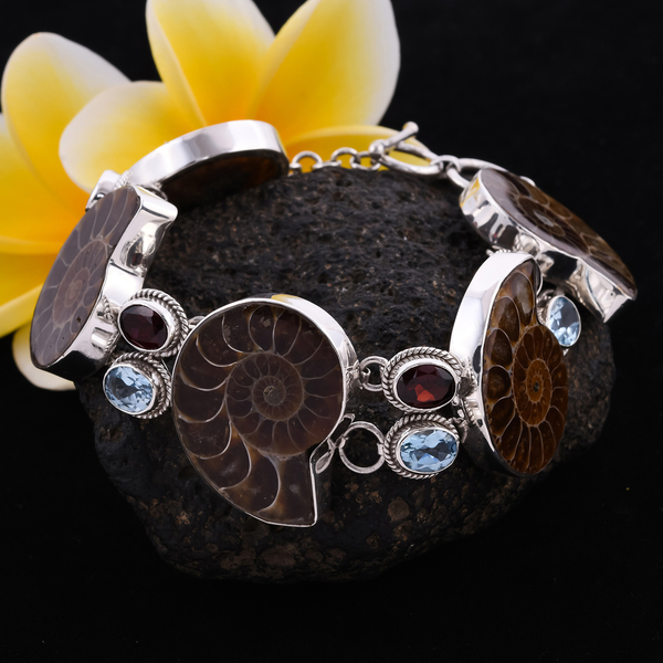 Royal Bali Collection - Ammonite, Sky Blue Topaz and Mozambique Garnet Bracelet (Size 8 with 0.5 inch Extender) in Sterling Silver 11.80 Ct., Silver wt 26.54 Gms