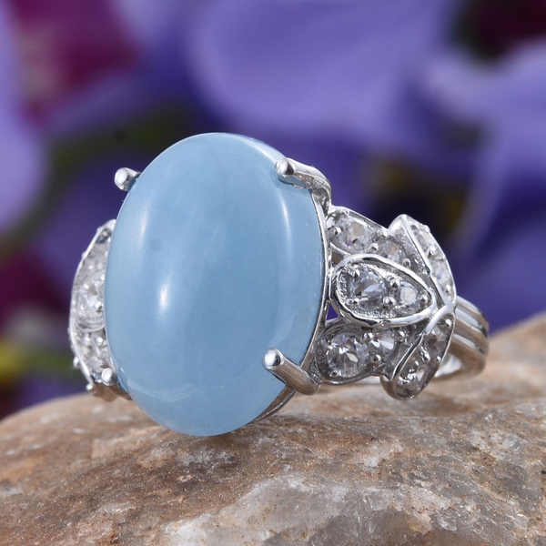 Blue Jade (Ovl 13.35 Ct), Natural Cambodian Zircon Ring in Platinum Overlay Sterling Silver 14.750 Ct.