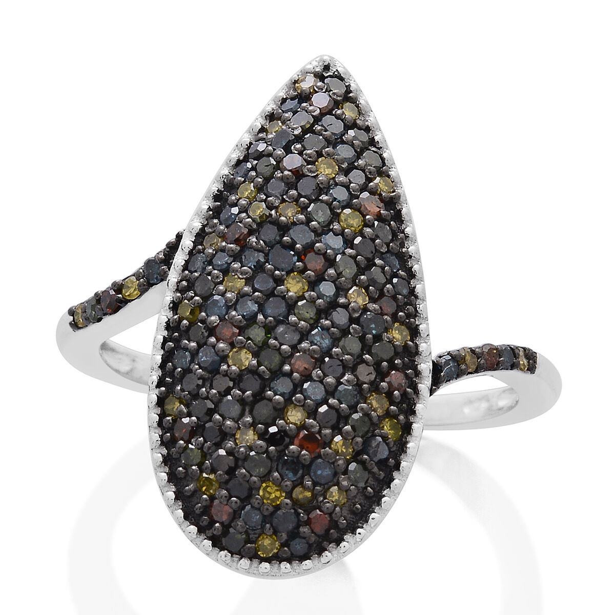 1 Carat Multi Colour Diamond Cluster Ring in Platinum and Black Rhodium Plated Silver