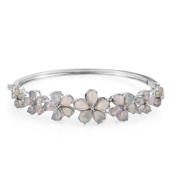 Ethiopian Welo Opal (Pear) Floral Bangle (Size 7.5) in Platinum Overlay Sterling Silver 6.500 Ct.