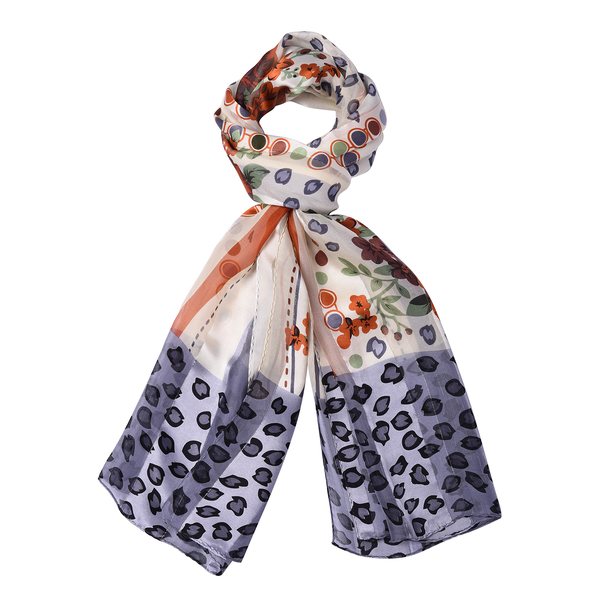 LA MAREY 100% Mulberry Silk Orange Roses and Blue Leopard Print on Cream Scarf (165x50cm)