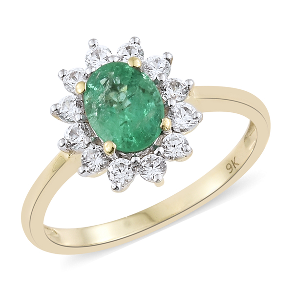 1.50 Carat AAA Zambian Emerald and Cambodian Zircon Halo Ring in 9K Gold 2.28 Grams