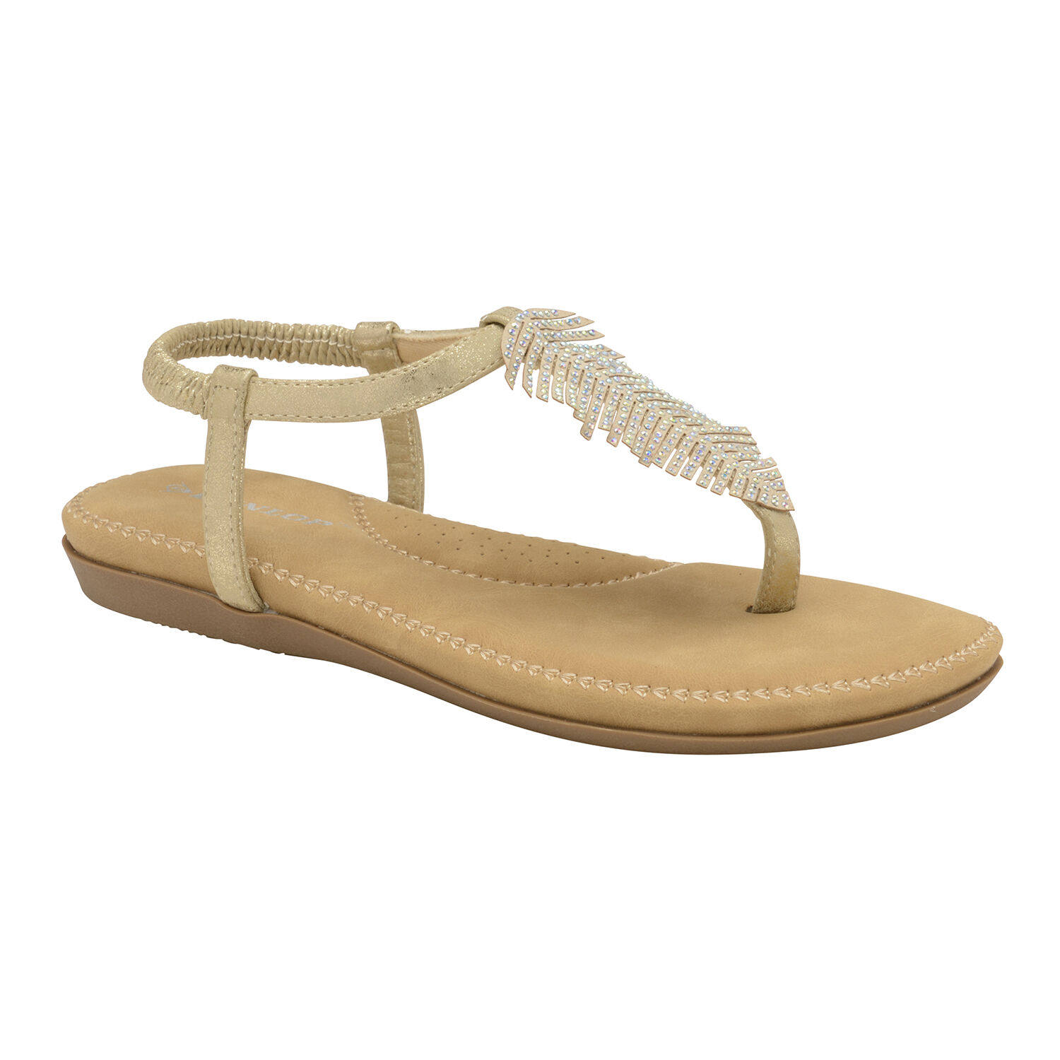 Dunlop Rue Embellished Feather Toe Post Flat Sandals in Pale Gold