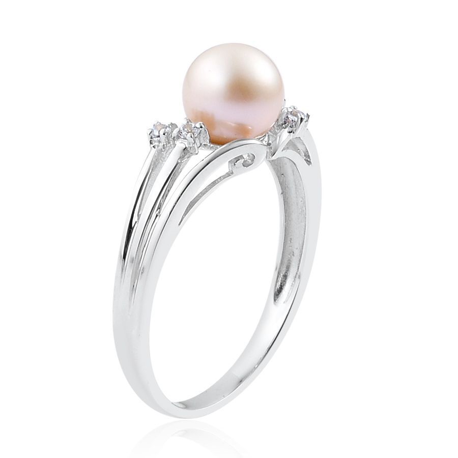 9K W Gold AAA Japanese Akoya Pearl (Rnd 7-8mm), Natural Cambodian White Zircon Ring