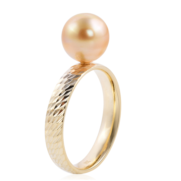 Royal Bali Collection - 9K Yellow Gold Golden South Sea Pearl Diamond Cut Ring