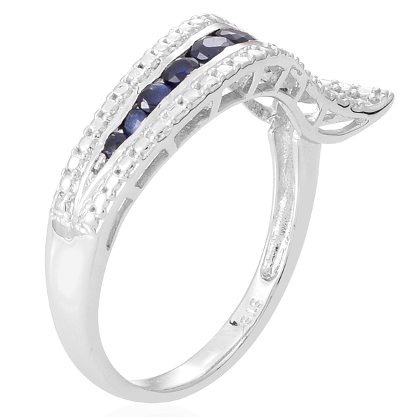Kanchanaburi Blue Sapphire (Rnd) Ring in Rhodium Plated Sterling Silver 0.750 Ct.