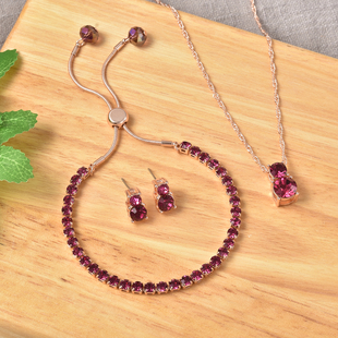 3 Piece Set - Fuchsia Austrian Crystal & Simulated Mystic Topaz Pendant with Chain ( 20 with 2 inch Extender), Adjustable Bracelet ( 6.5-9.5) and Stud Earrings (with Push Back) in Rose Gold Tone